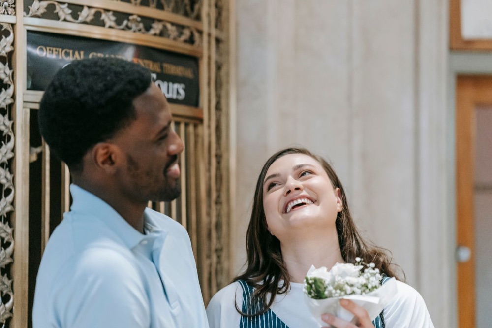 A couple laughing together